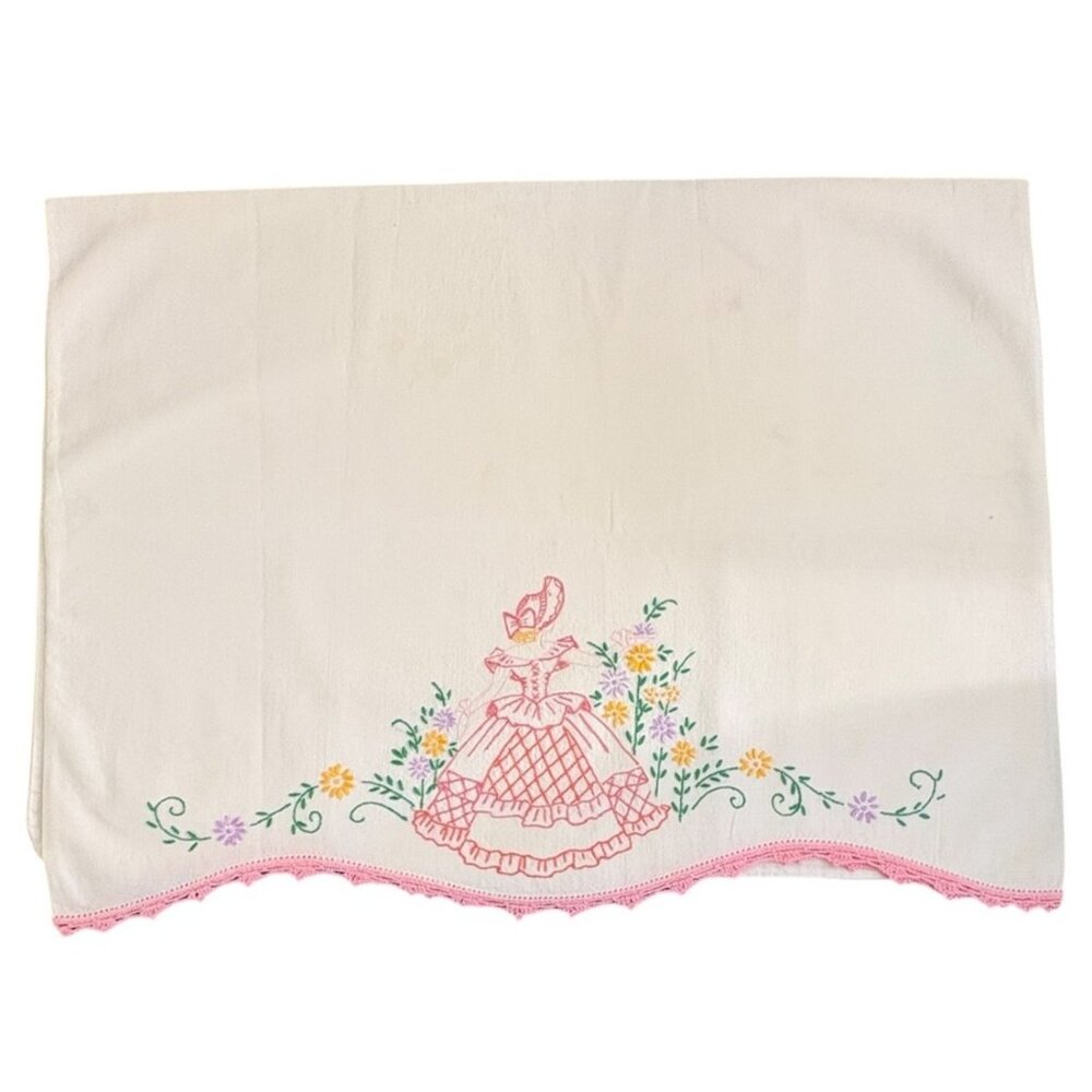 Vintage Hand Embroidered Maiden Crocheted Standard Pillowcase